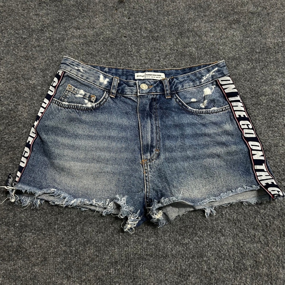 Stradivarius Denim Shorts Womens Size 8 Blue Super High Rise Distressed Graphic